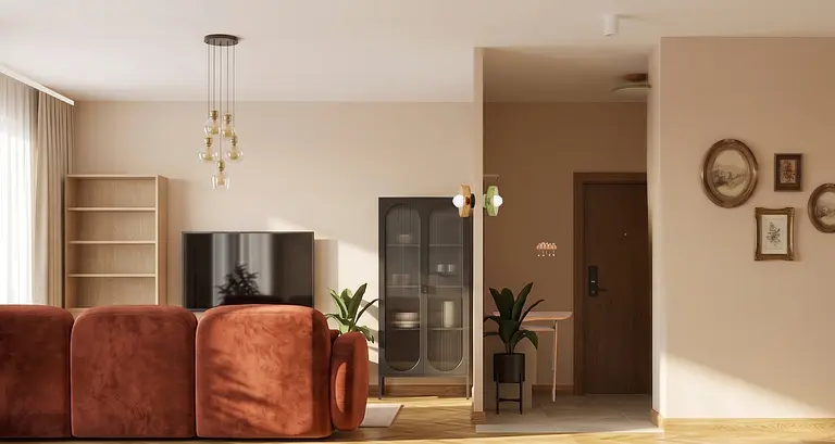 Wnętrze salonu w stylu art deco i boho z brązową sofą.