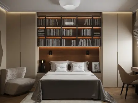 Sypialnia z minimalistycznym wystrojem, nowoczesnym łóżkiem i współczesną biblioteczką.