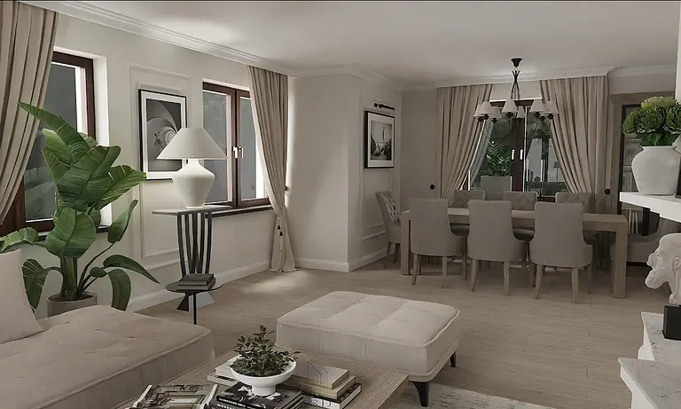 Wnętrze jadalni z beżowymi meblami i zielonymi roślinami w stylu quiet luxury.