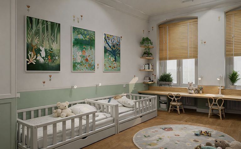 Pokój dziecięcy w stylu dopamine decor, eklektycznym i skandynawskim z łóżkami i biurkiem.