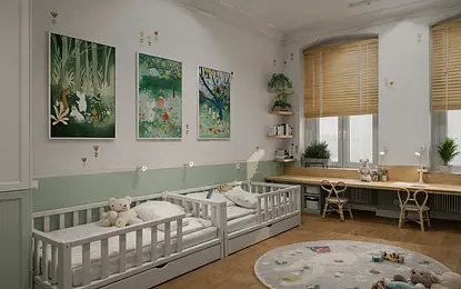 Pokój dziecięcy w stylu dopamine decor, eklektycznym i skandynawskim z łóżkami i biurkiem.