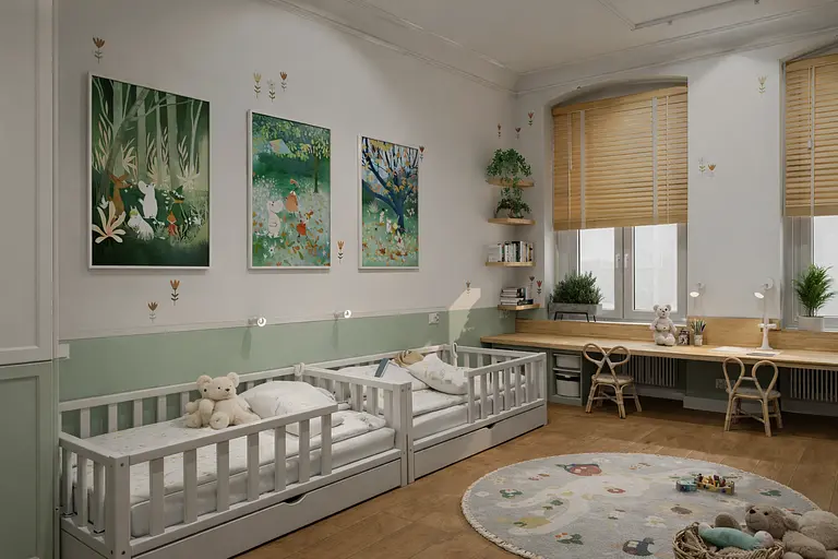 Pokój dziecięcy w stylu dopamine decor, eklektycznym i skandynawskim z łóżkami i biurkiem.