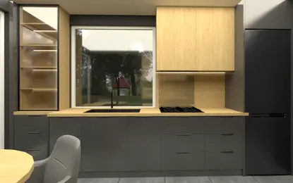 Minimalistyczna kuchnia z drewnianymi meblami i szarymi akcentami.