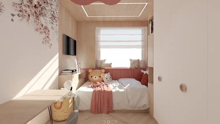 Pokój dziecięcy w stylu boho z elementami japandi i nowoczesnymi detalami.