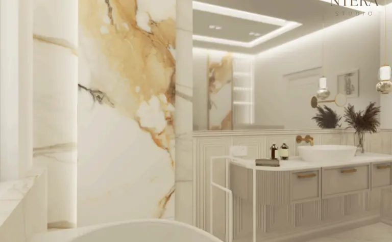 Wnętrze łazienki w stylu art deco, glamour i minimalistycznym z marmurem.