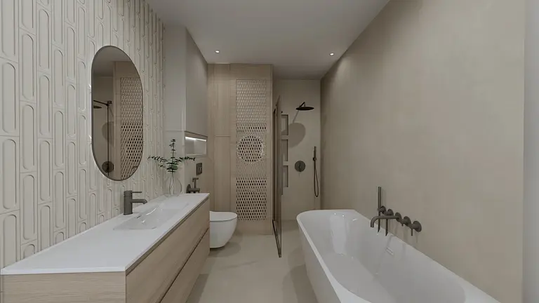 Nowoczesna łazienka z drewnianą szafką, wanną i minimalistycznym designem.
