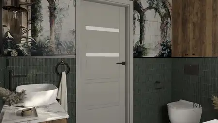 Wnętrze łazienki w stylu art deco, boho i minimaluxe z zielonymi płytkami i drewnianymi akcentami.