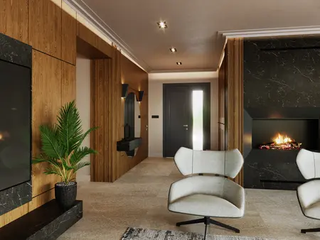 Wnętrze z kominkiem, drewnianymi ścianami i stylowymi meblami minimaluxe, nowoczesny, quiet luxury, współczesny.