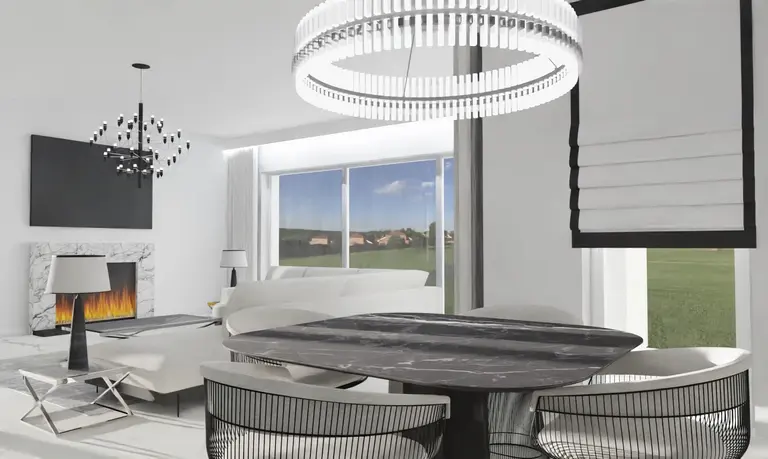 Wnętrze salonu z kominkiem, nowoczesnymi i glamour meblami, w stylu quiet luxury.