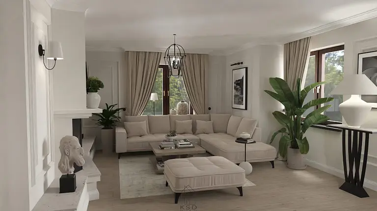 Wnętrze salonu z beżową sofą, drewnianym stołem i roślinami. Styl quiet luxury.