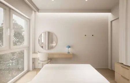 Wnętrze sypialni w stylu japandi, minimalistycznym, nowoczesnym i quiet luxury z jasnymi meblami.