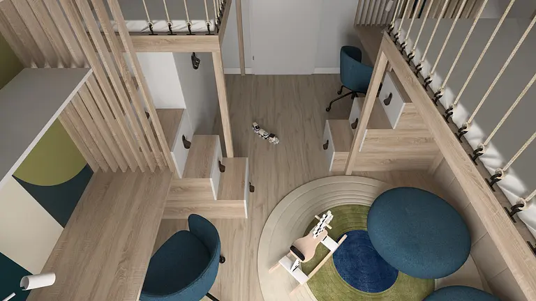 Pokój dziecięcy z drewnianymi meblami i zabawkami w stylu dopamine decor.