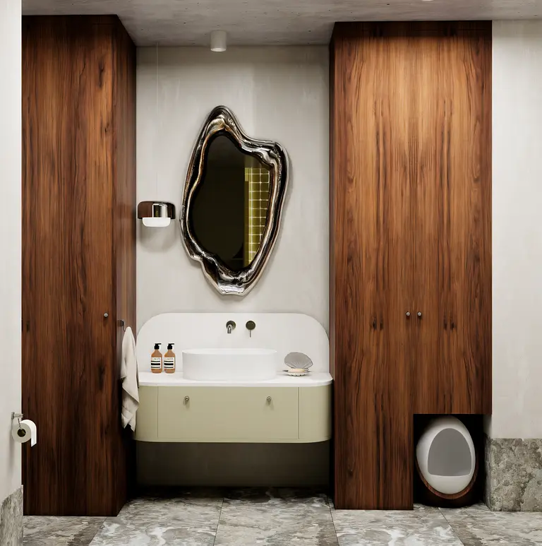 Wnętrze łazienki w stylu art deco, industrialnym i vintage z drewnem i eleganckimi akcentami.