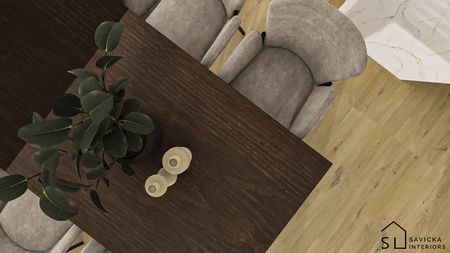 Wnętrze jadalni z drewnianym stołem, szarymi krzesłami i rośliną w doniczce. Minimalistyczny design.