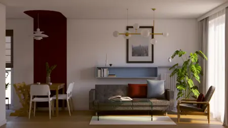 Wnętrze salonu z eklektycznym, skandynawskim i vintage stylem