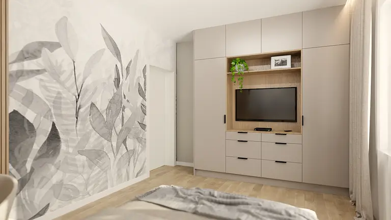 Wnętrze z telewizorem, jasnymi meblami i roślinami w minimalistycznym stylu.