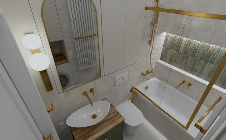 Wnętrze nowoczesnej łazienki z wanną, złotymi detalami, rustykalnymi akcentami i boho dodatkami.