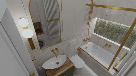 Wnętrze nowoczesnej łazienki z wanną, złotymi detalami, rustykalnymi akcentami i boho dodatkami.