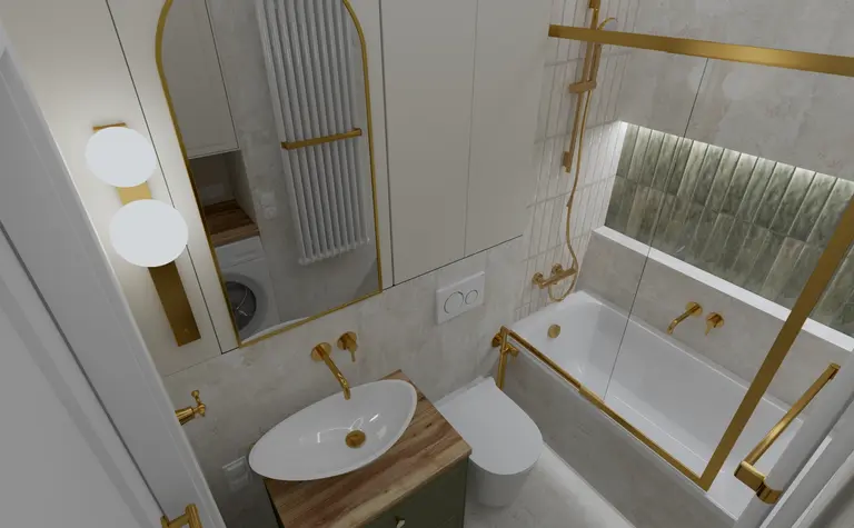 Wnętrze nowoczesnej łazienki z wanną, złotymi detalami, rustykalnymi akcentami i boho dodatkami.