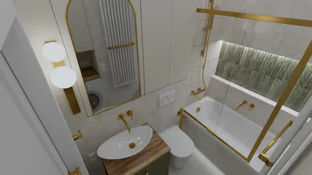 Wnętrze nowoczesnej łazienki z wanną, złotymi detalami, rustykalnymi akcentami i boho dodatkami.