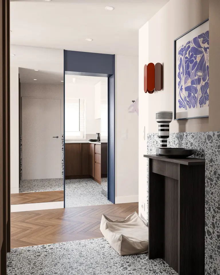 Wnętrze przedpokoju w stylu art deco, minimalistycznym, vintage z elementami eklektycznymi.