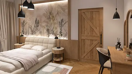 Sypialnia w stylu rustykalnym i industrialnym z drewnianymi meblami