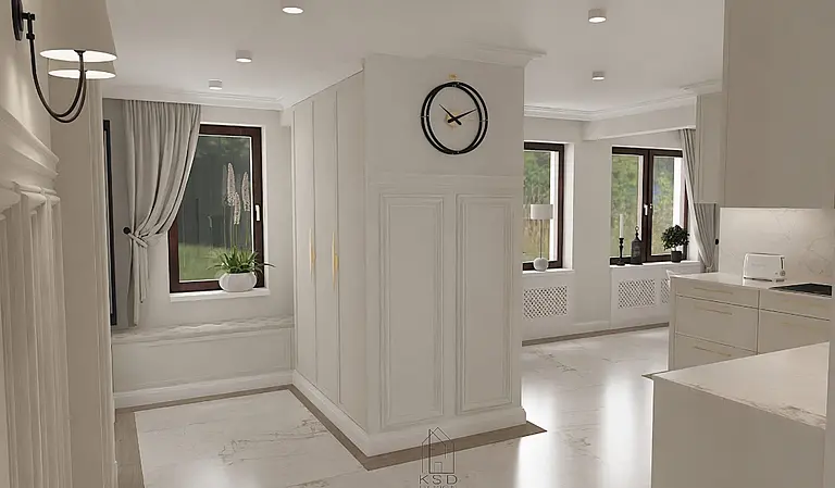 Przedpokój z białymi meblami, drewnianymi detalami i roślinami, styl quiet luxury.