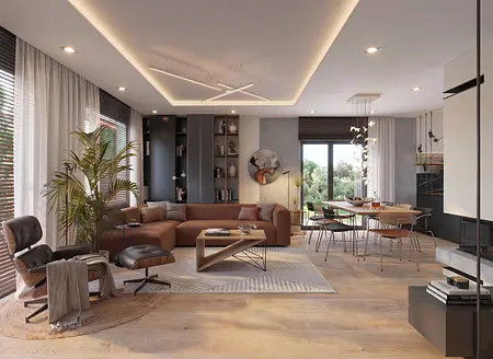 Wnętrze salonu w stylu dopamine decor i minimalistycznym z brązową sofą.