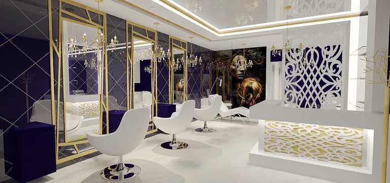Nowoczesne wnętrze salonu z białymi meblami i niebieskimi akcentami, styl glamour i eklektyczny.