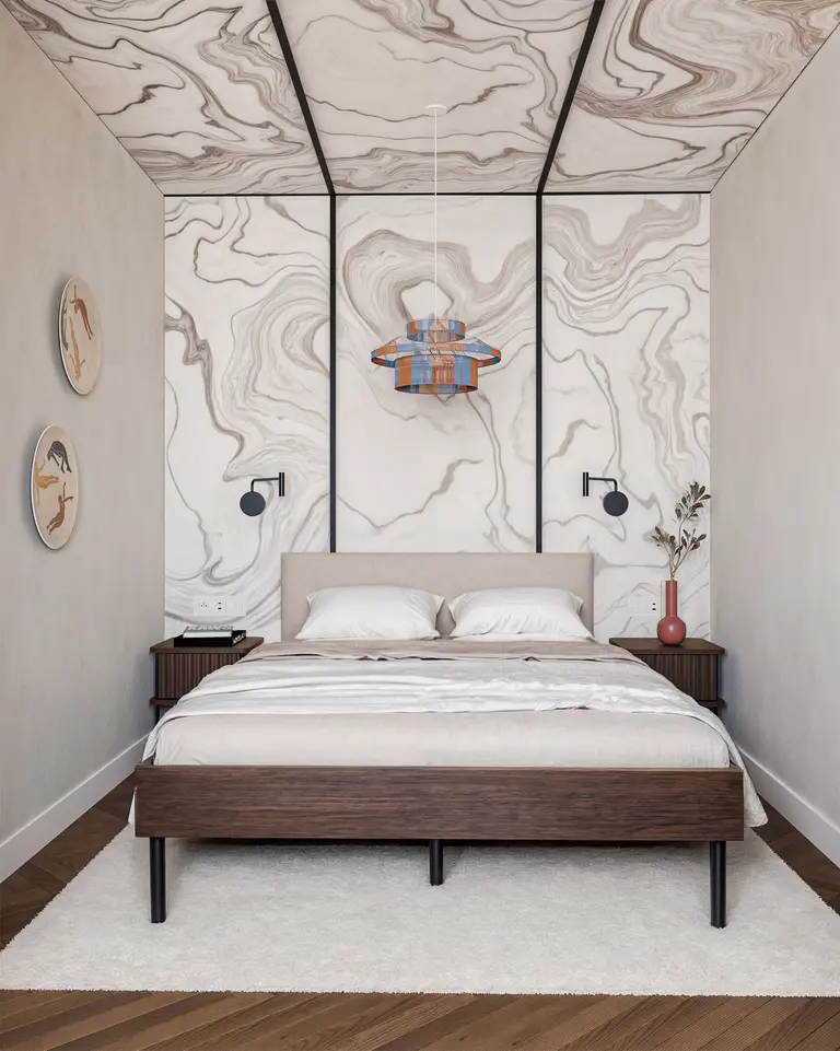 Sypialnia z łóżkiem, minimalistycznym oświetleniem i ścianą w stylu art deco