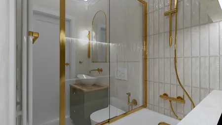 Nowoczesna łazienka w stylu boho i vintage z złotymi detalami.