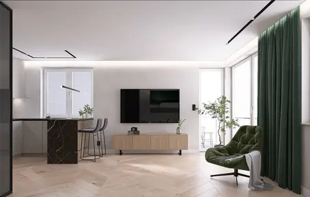 Nowoczesny salon z zielonymi zasłonami, drewnianym stołem i telewizorem na ścianie.