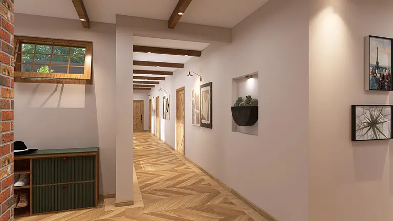 Przedpokój w stylu rustykalnym i industrialnym z drewnianą podłogą i obrazami.