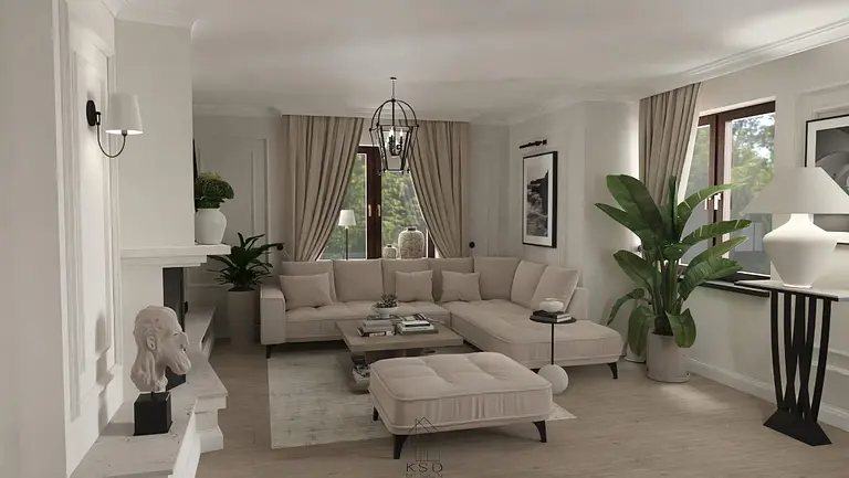 Wnętrze salonu z beżową sofą, kwiatami i lampą w stylu quiet luxury.