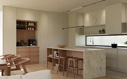 Wnętrze kuchni w stylu japandi, minimalistycznym i nowoczesnym z drewnianymi meblami.