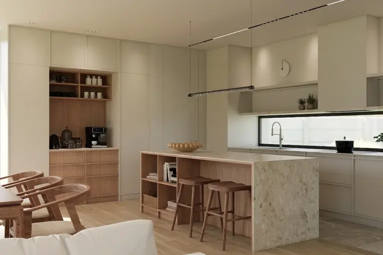 Wnętrze kuchni w stylu japandi, minimalistycznym i nowoczesnym z drewnianymi meblami.