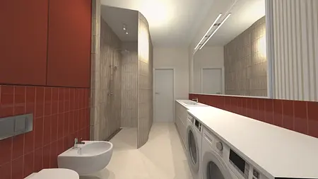 Wnętrze łazienki z czerwoną ścianą, prysznicem i białymi meblami w stylu eklektycznym.