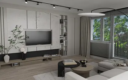 Wnętrze salonu z jasnymi meblami i ciemnymi detalami, nowoczesny design.