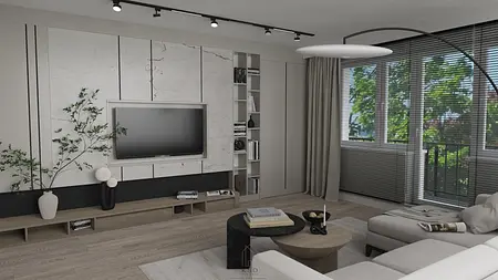 Wnętrze salonu z jasnymi meblami i ciemnymi detalami, nowoczesny design.