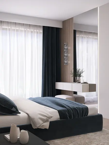 Minimalistyczna sypialnia z nowoczesnym łóżkiem, zasłonami i drewnianymi akcentami.