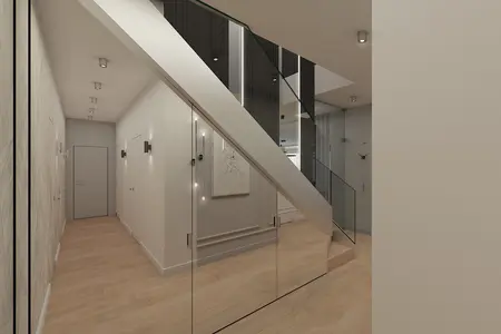 Nowoczesny przedpokój z drewnianą podłogą i minimalistycznymi detalami w stylu glamour.