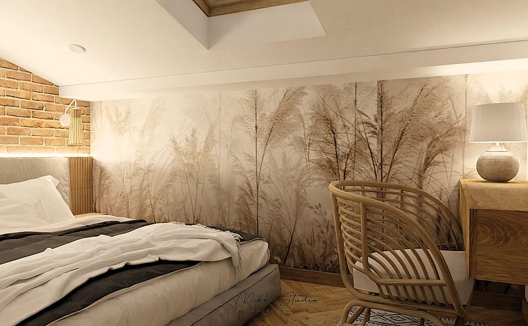 Sypialnia boho z ceglaną ścianą i drewnianym biurkiem.
