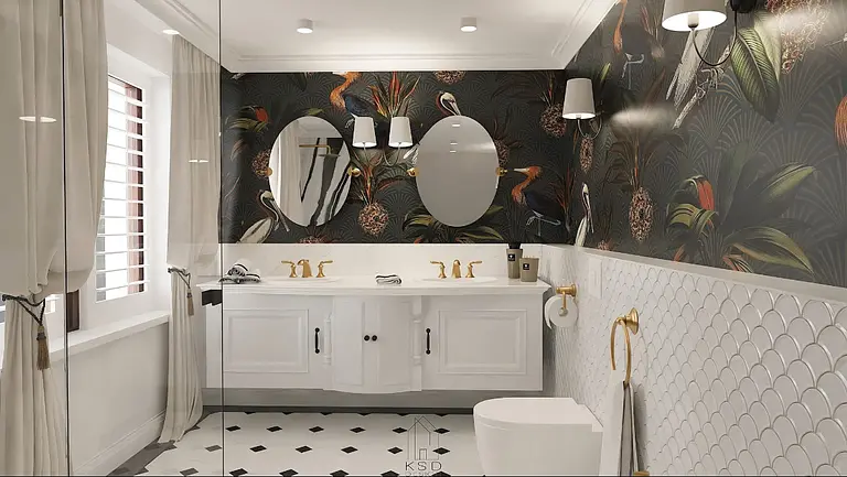 Nowoczesna łazienka z białą armaturą i kolorową tapetą w stylu quiet luxury.