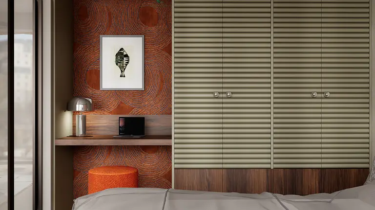 Wnętrze z brązowymi ścianami, biurkiem i lampą w stylu art deco, eklektycznym i vintage.