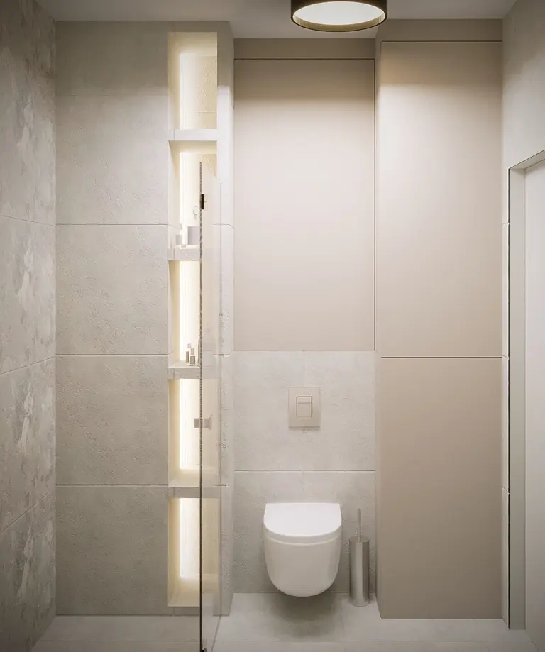 Nowoczesna łazienka z minimalistycznymi detalami i szarymi płytkami.