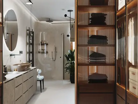 Wnętrze minimalistycznej łazienki z drewnianymi detalami, lustrem i roślinami.