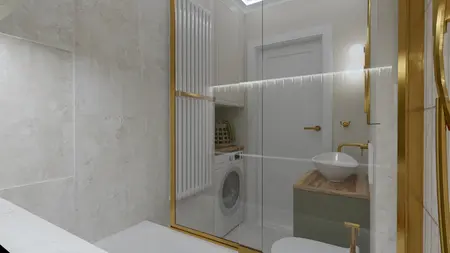 Wnętrze łazienki z elementami boho, rustykalnymi i glamour, nowoczesna umywalka.