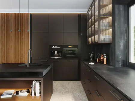 Nowoczesna kuchnia z elementami minimaluxe i quiet luxury, drewniane akcenty.