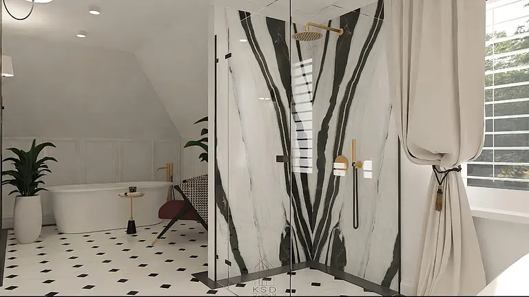 Nowoczesna łazienka z wanną, prysznicem i stylowymi akcentami quiet luxury