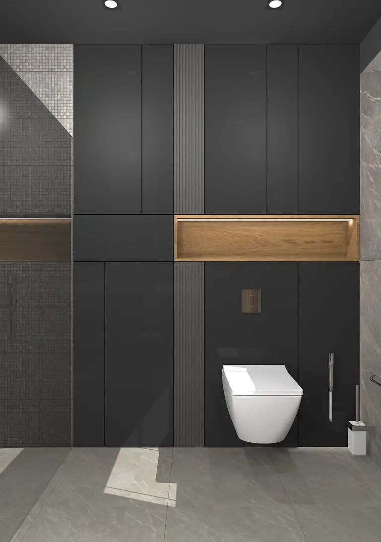 Nowoczesna łazienka z ciemnymi elementami i drewnem, styl dopamine decor, industrialny, minimalistyczny, skandynawski, współczesny.